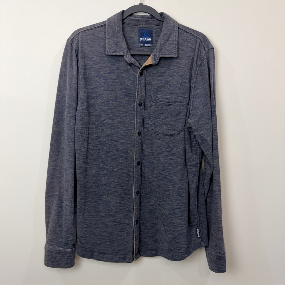 Prana Men Large Button Shirt Long Sleeve Blue Brown Jersey Sustainable Outdoor